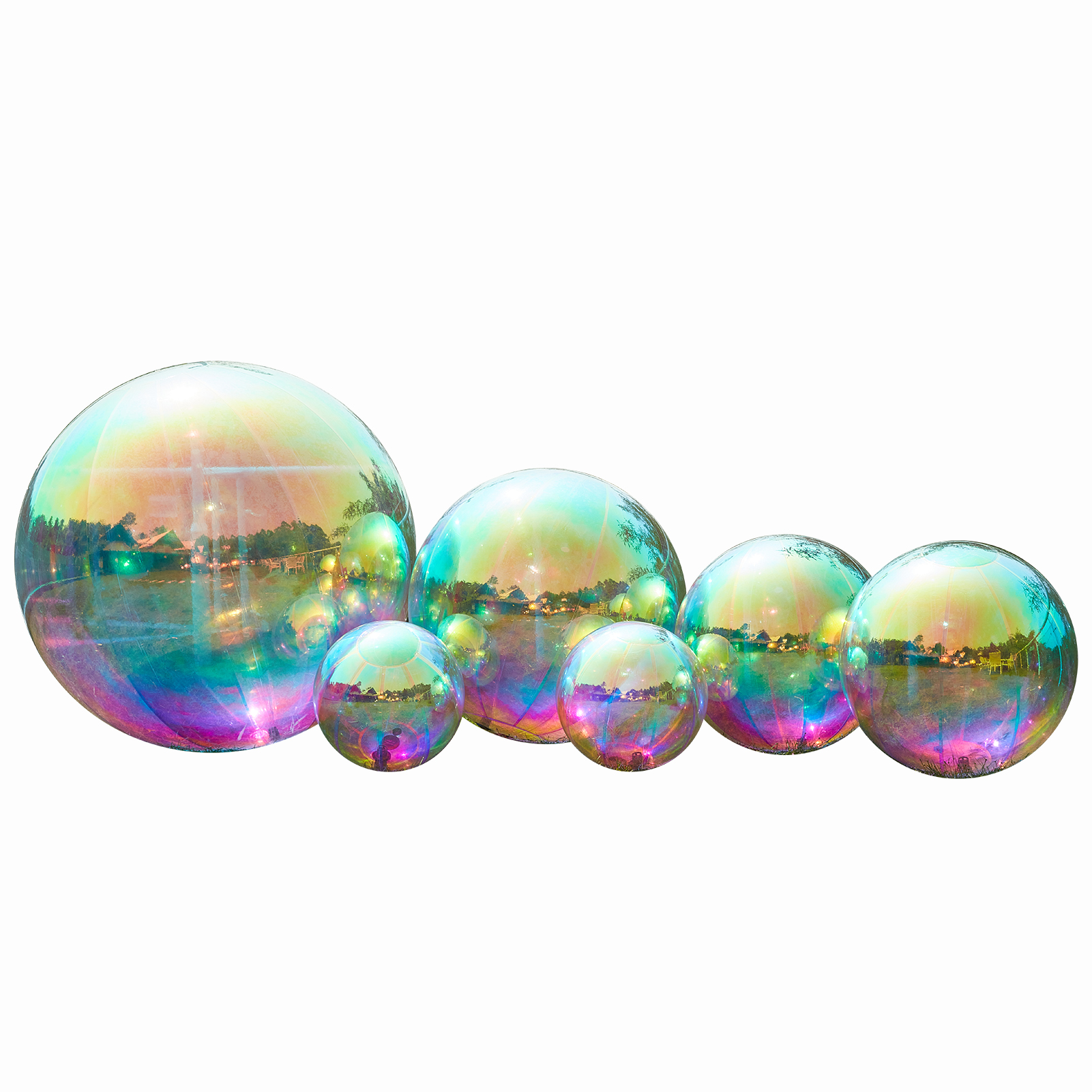 The colorful inflatable mirror balls and big shiny balls are gorgeously multicolored, just like a rainbow dancing on the spheres colorful inflatable mirror balls