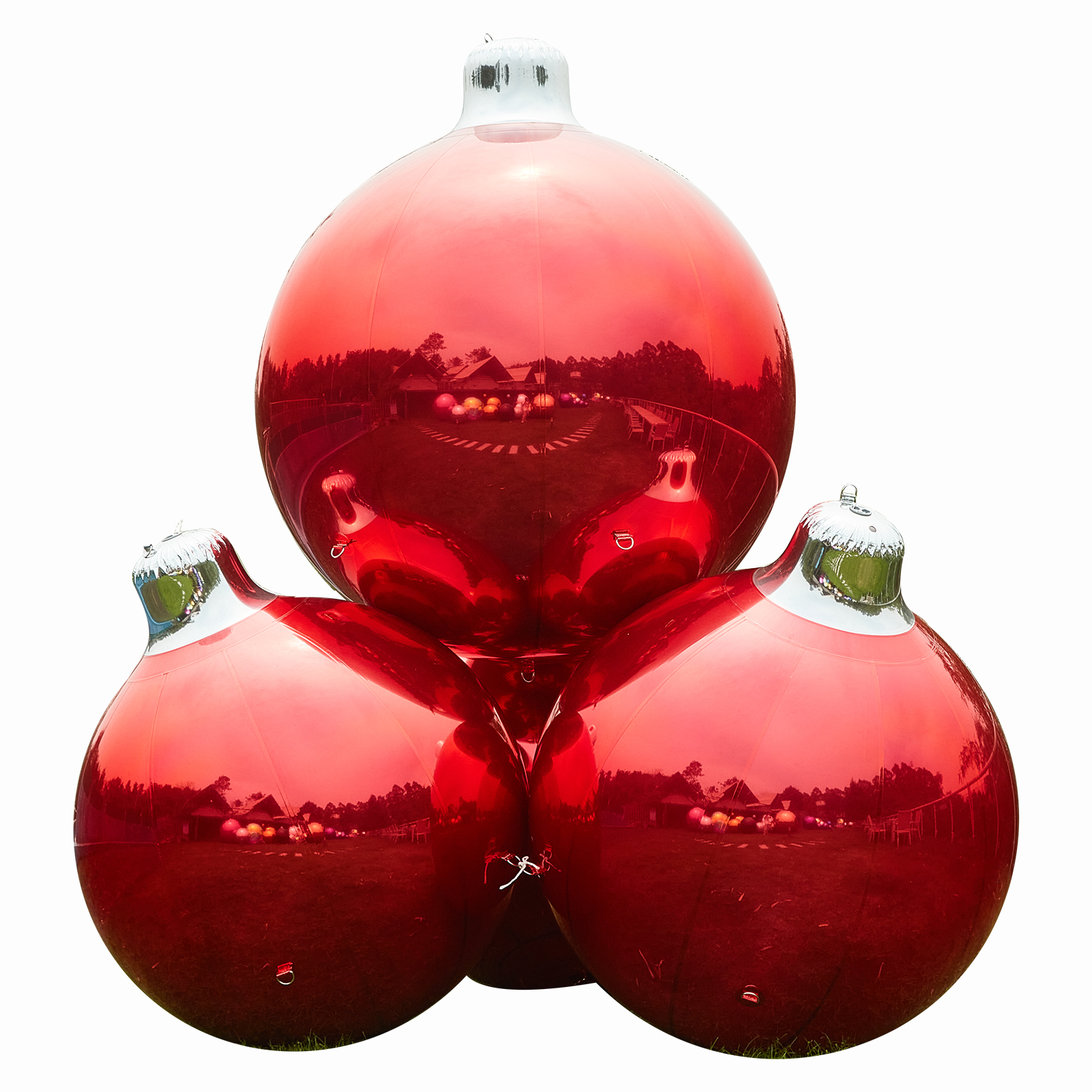 The huge red inflatable Christmas ball is not just a decoration, but also a symbol. It symbolizes the joy, unity and blessings of Christmas Inflatable Mirror Christmas Balls Four-Piece Combination,Combination of four huge Christmas balls - 图片 1