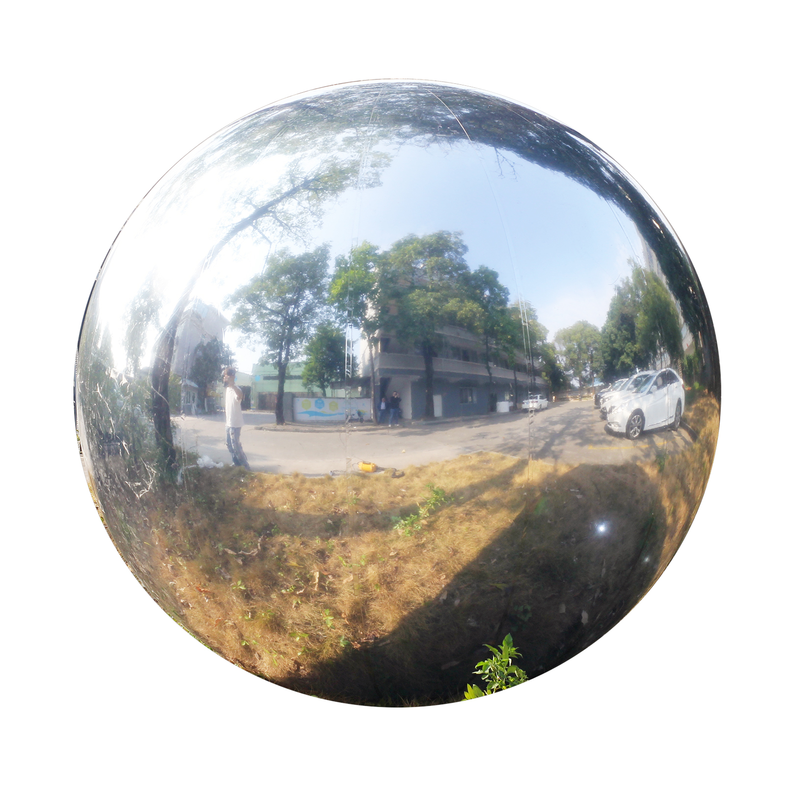 The silver inflatable mirrored ball, a big shiny ball, is like a mysterious orb from a distant star, emitting a cool and charming silver glow Silver inflatable mirror balls
